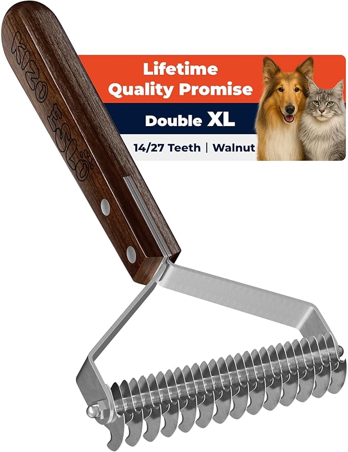 Extra Large 2-Sided Undercoat Rake for Dogs & Cats, Dog Brush for Shedding Remove Mats, Dematting Comb, Safe & Gentle Grooming Brush for German Shepherds Medium to Long-Haired Pets (Walnut Handle)