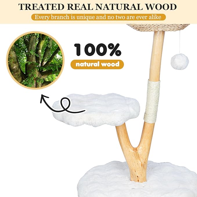 Solid Wood Cat Tower, Authentic Branch Cat Tree with Scratching Post and Cat Bed, Durable Furniture for Heavy Cats, for Cat Lovers, White
