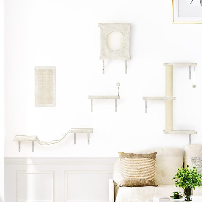 NUNU LAB Cat Wall Shelves Set, 5 Pcs Wall-Mounted Cat Climber with Condo House, Bridge Ladder, Scratching Post, Indoor Cat Furniture Set, Beige