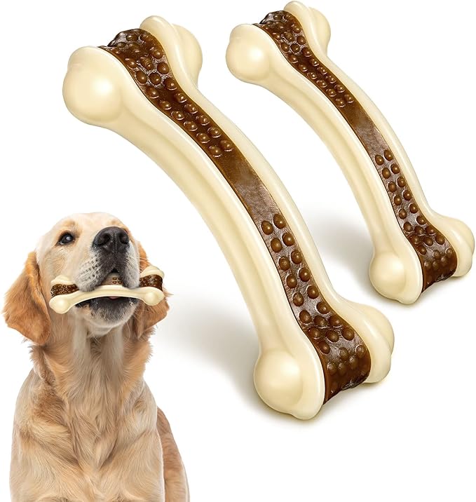 Sosation Bones Shaped Dog Toys for Aggressive Chewers, 2 Pack Dog Chew Toys Puppy Teething Nylon Beef Flavor for Large/Medium/Small Puppies Breeds(Curved Bone,Large, Medium)