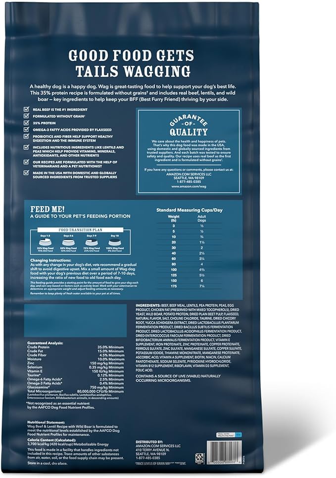 Amazon Brand - Wag Dry Dog Food Grain-Free Beef & Lentil Recipe, High Protein (24 lb bag)