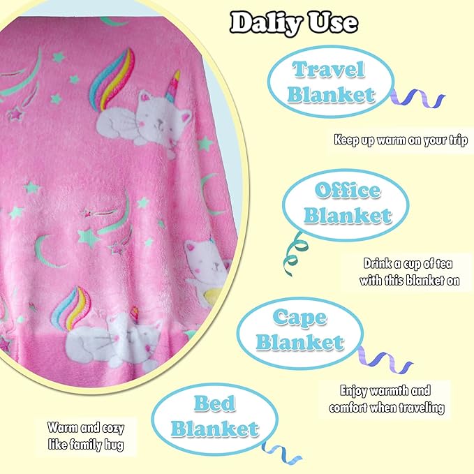 Halloween Glow in The Dark Pink Cat Throw Blanket with Storage Bag, Soft Blanket for Girls Boys, Camping Blanket, Gifts for Children Ages 1-10, Kids Blanket, Day Care Home Office Travel Use, Pink