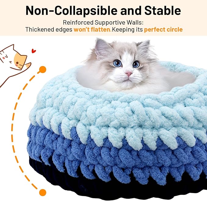Cat Nest Bed Handwoven Washable Soft Round Cave House Furniture for Indoor Kitten Cloud Blue