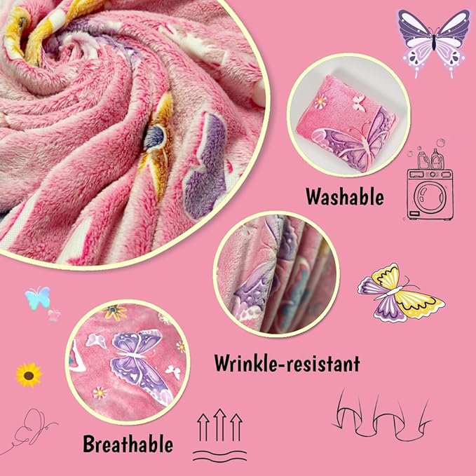 Halloween Butterfly Glow in The Dark Blanket for Daughters, Best Gift Blankets for 3-10 Year Old Kids Birthday Presents, Soft Cozy Flannel Camping Throw, Christmas Thanksgiving Gifts, 60"*50", Pink
