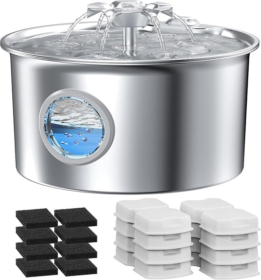 Cat Water Fountain Stainless Steel - 88oz/2.6L Pet Drinking Fountain for Cats Indoor with 8 Filters - Automatic Cat Watering Dispenser Bowl with Water Level Window - Quiet for Cats & Dogs Owners