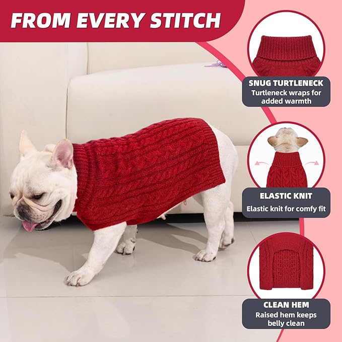 2 Pack Dog Sweaters for Medium Dogs Turtleneck Pullover Cable Knit Stretch Clothes French Bulldog Dachshund Boston Terrier Corgi Beagle Pug Boy Girl Pets Winter Clothes (L, Red & Green)