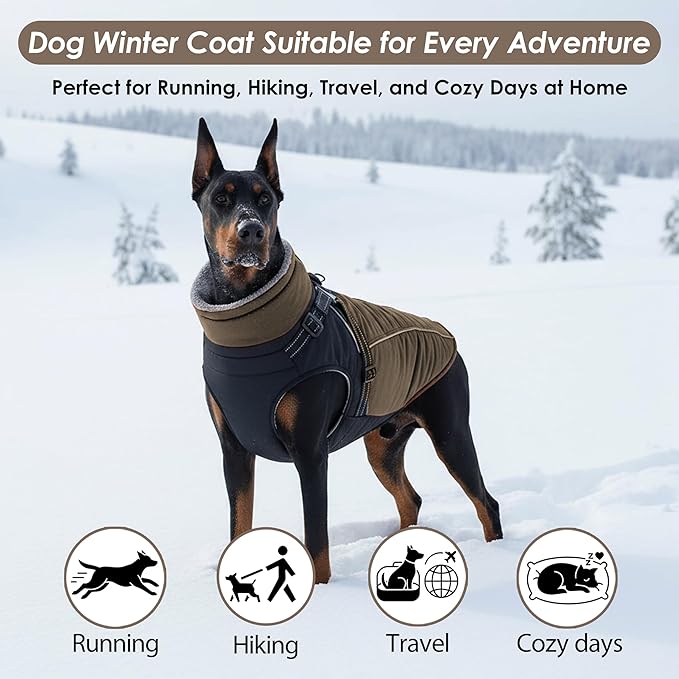 ASENKU Reflective Dog Coat with Built-in Harness, Windproof Fleece-Lined Dog Jacket for Small, Medium, Large Dogs, Warm Winter Vest with Turtleneck & Zipper (Khaki 3XL)