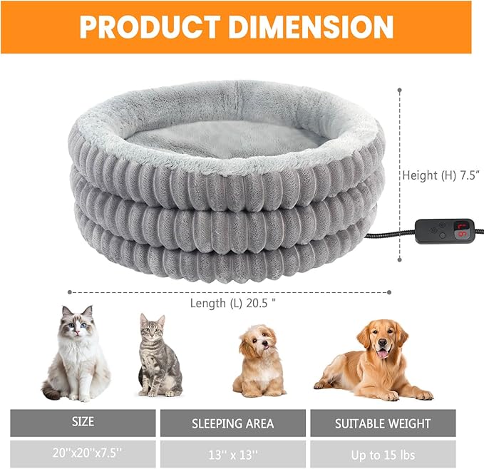 Heated Cat Bed Indoor, 20" Round Donut Deep Sleep Calming Heated Pet Beds for Cats and Small Dogs, Comfort Electric Thermal Cat Warming Bed with Adjustable Heating Pad, Washable and Indoor Use