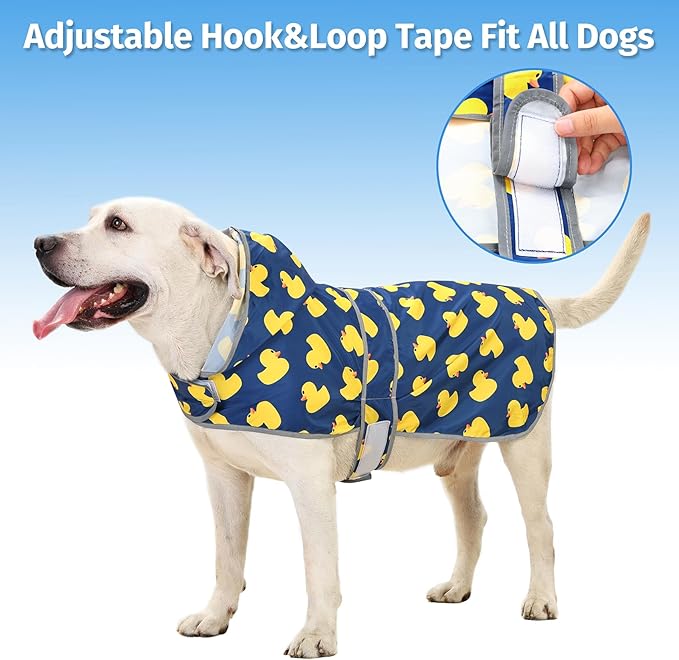 Dog Rain Coat for Large Dogs Waterproof Hooded Rain Jacket with Reflective Strips Leash Hole & Poncho Adjustable Fit (Duck,XL)