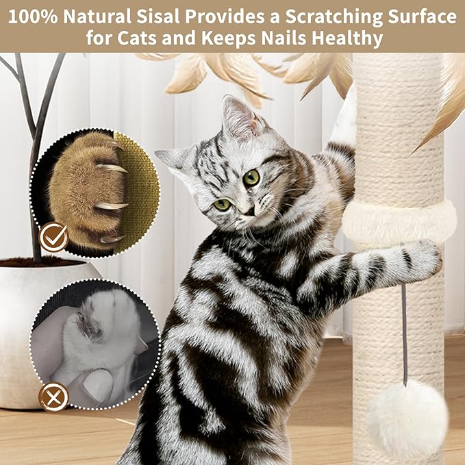Cat Scratching Post, Sisal, Scratcher Tree Tower for Indoor Cats Adults with Hanging and Ball Track, 2 Mounting Methods Interactive Furniture Toys for Kitten, 25 Inches