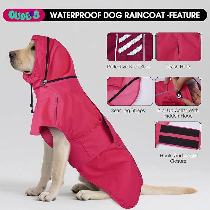 Dog Raincoat XL, Waterproof Rain Jacket for Dogs with Hood and Leash Hole, Reflect Strips, Ideal for Rain, Snow, Windy Weather & Outdoor Walks, Camping, Hiking - Pink