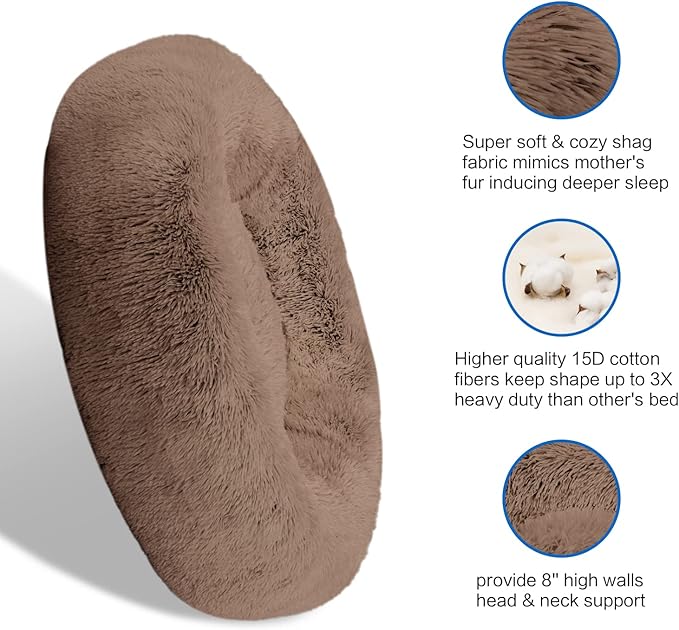 SAVFOX Plush Calming Donut Dog Beds for Small Dogs, Medium, Large & X-Large Breeds, Comfy Cuddler Dog Bed and Cat Bed in Faux Fur, Washable, Multiple Sizes S-XXL