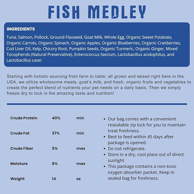 Shepherd Boy Farms Freeze Dried Raw Dog Food, Fish Medley Recipe, All Natural, No Synthetics, Made in USA with Goat's Milk & Organic Produce, High Protein, Complete Meal (14oz)