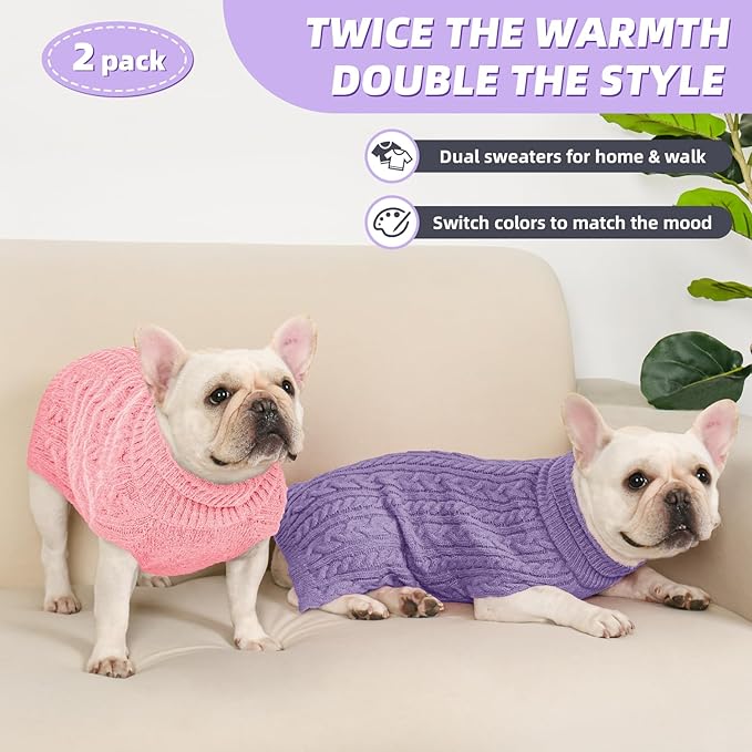 2 Pack Dog Sweaters for Medium Dogs Turtleneck Pullover Cable Knit Stretch Clothes French Bulldog Dachshund Boston Terrier Corgi Beagle Pug Boy Girl Pets Winter Clothes (L, Pink & Purple)