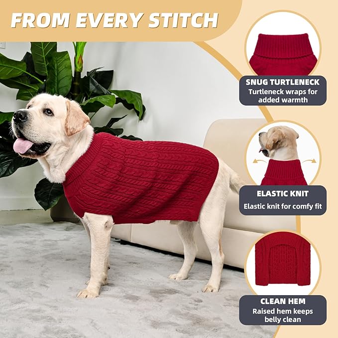 2 Pack Dog Sweaters for Big Dogs Turtleneck Pullover Cable Knit Large Size Stretch Clothes Pitbull Labrador Bulldog Doberman Boy Girl Pets Winter Clothes (XL, Red & Brown)