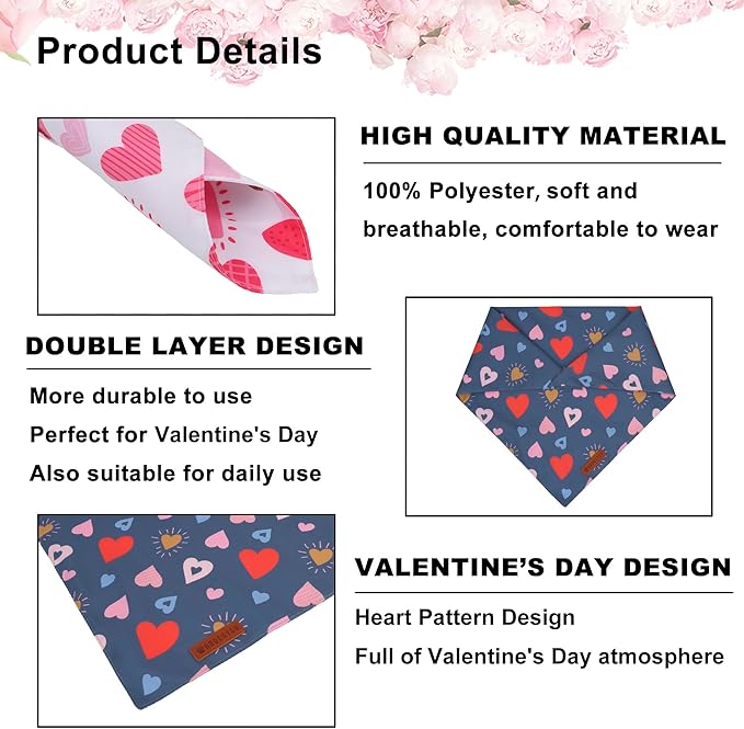 ADOGGYGO Valentine Dog Bandana, Colorful Heart Pet Scarf, Multi Size Offered, White Blue Valentine Heart Bandanas for Large and Extra Large Dogs (X-Large)