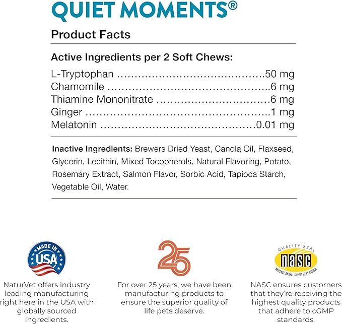 NaturVet –Quiet Moments Calming Aid for Cats Plus Melatonin – 60 Soft Chews – Helps Reduce Stress & Promote Relaxation – Great for Storms, Fireworks, Travel & Grooming