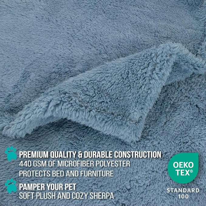 PetAmi Fluffy Waterproof Dog Blanket for Bed Large Dogs, Soft Warm Pet Sherpa Throw Pee Proof Couch Cover, Reversible Cat Blanket Sofa Crate Kennel Protector, Washable Mat (Dusty Blue, 60x80)