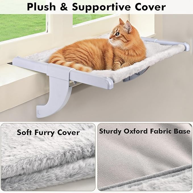 Window Sill Mount Cat Perch for Indoor Cats, One-Step Sliding Clamping Slot Adjustment Cat Hammock with Washable Cover, No Suction Cups Pet Bed for Windowsill & Bedside (XL)