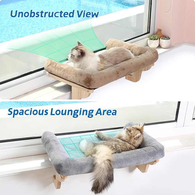 Zakkart Cat Perch for Window Sill with Bolster - Orthopedic Hammock Design with Premium Hardwood & Robust Metal Frame - Cat Window Seat for Large Cats and Kittens - Dark Stained Wood with Brown Bed