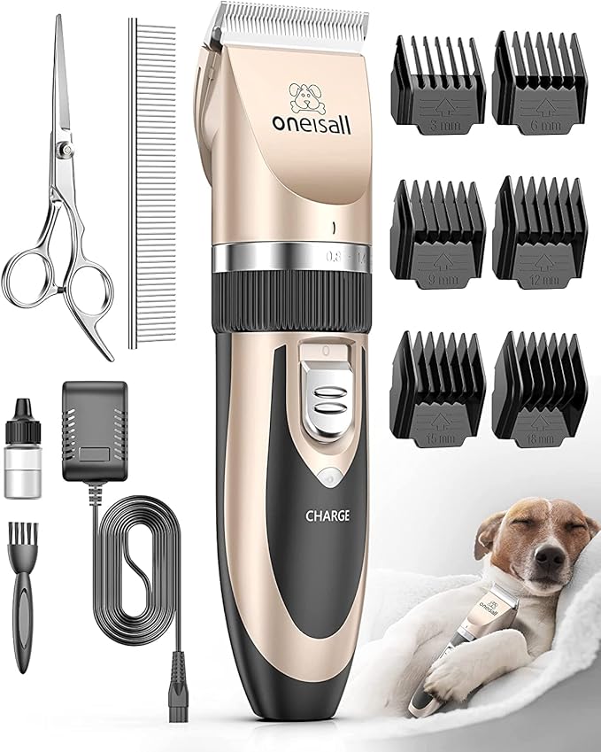 oneisall Dog Clipper Low Noise, Dog Grooming Kit with Rechargeable, Pet Shaver Cordless Electric Quiet Hair Clipper Set for Dogs Cats Pets(Gold)
