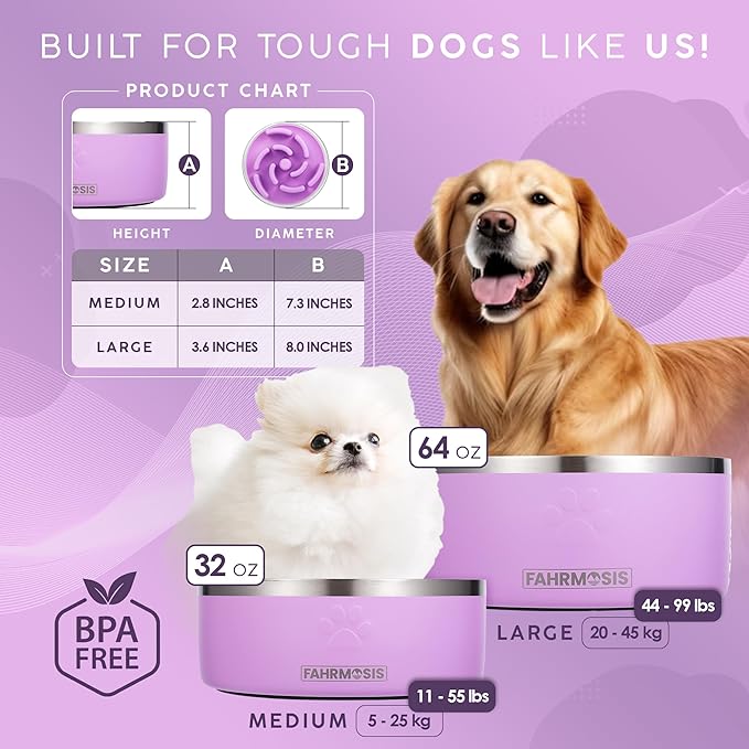 64 OZ Dog Bowl with Slow Feeder Insert Stainless Steel Pet Water Bowl for Medium & Large Breed Non Slip Rubber Base & Plastic Puzzle Feeder - Lavender