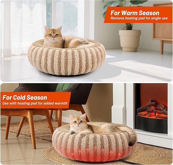 Toove Heated Cat Bed Indoor - 20" Heating Donut Pet Bed for Cats and Small Dogs, Ultra Soft & Cozy Sleeping Cat Beds, Machine Washable, Waterproof & Safe Warming with Timer and Temperature Control