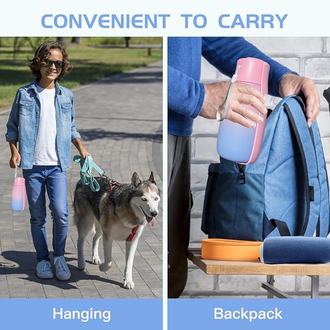 Dog Water Bottle Portable 19Oz, Food Grade Material Portable Dog Water Bowl Dispenser for Small Medium Large Dogs, Pet Essentials for Outdoor Walking Traveling, Dog Gifts (Pink&Blue)