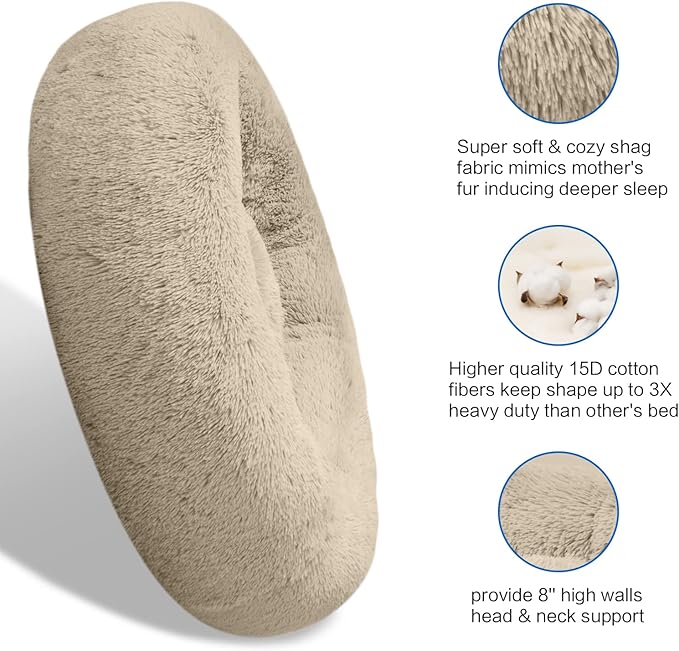 SAVFOX Calming Dog Bed, Anti-Anxiety Donut Dog Bed, Plush Faux Fur, Large Size, 36"x36", 10" Thick, Durable Construction, Machine Washable