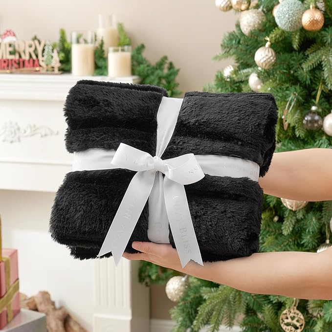 Cozy Bliss Faux Fur Throw Blanket for Couch, Cozy Warm Plush Striped Blanket for Sofa Bedroom Living Room, 60 * 80 Inches Black