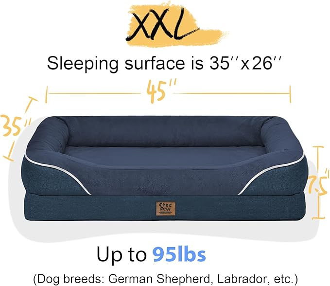 Washable Orthopedic Large Dog Bed - Extra Large Dog Bed with Bolsters Removable Orthopedic Foam Support Dogs Beds for XL Large Size Pet with Waterproof Cover Non-Slip Bottom