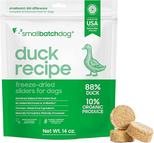 smallbatch Pets Freeze Dried Raw Dog Food, Duck Recipe, 14 oz, Organic High Protein Dog Food, Grain Free, Made in The USA, Humanely Raised Meat, Single Protein, for Picky Eaters, Hydrate & Serve