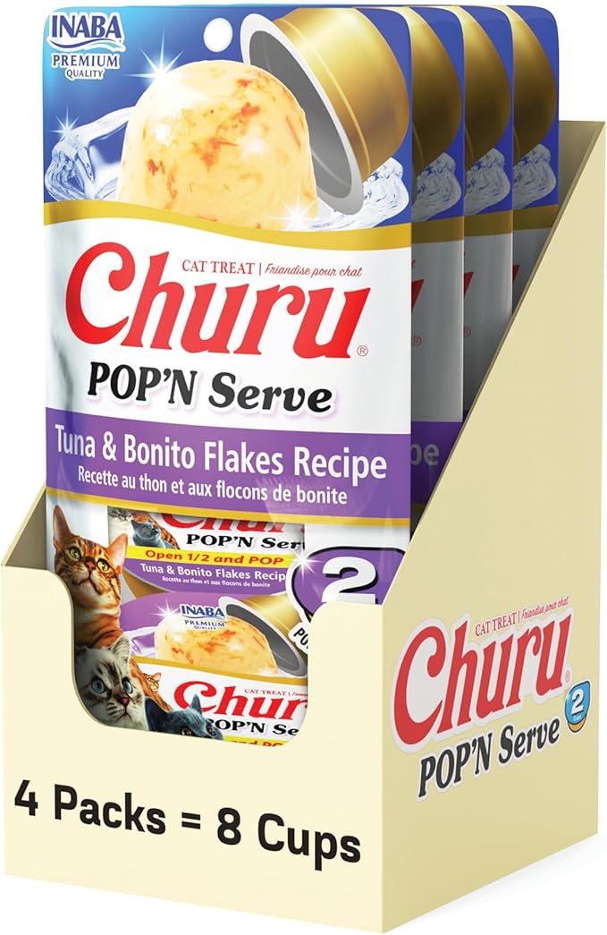 INABA Churu Pop'N Serve Jelly Cat Treat with Vitamin E & Taurine, 1.2 Ounce Cup, 8 Cups, Tuna & Bonito Flakes Recipe