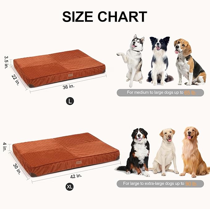 FFUKUMARU Dog Bed, Plush Corduroy Orthopedic Dog Beds with Removable Washable Cover, XL Waterproof Dogs Bed for Crate, Egg Crate Foam Support Pet Mat, Cozy Pet Bed Mat with Anti-Slip Bottom, Orange