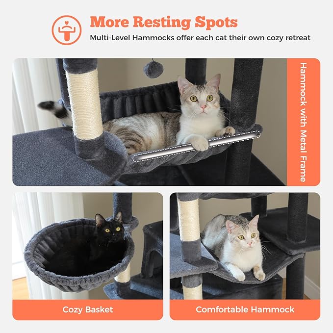 81 Inch Tall Cat Tree for Indoor Cats Large Adult - Multi-Level Cat Tower with Large Metal Frame Hammock, 2-in-1 Scratching Ramp, 2 Top Perches, 2 Cozy Condos & 6 Scratching Posts - Dark Grey