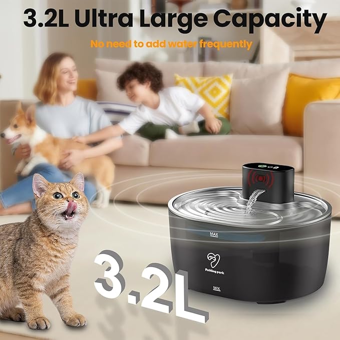 Wireless Cat Water Fountain Stainless Steel,108oz/3.2L Pet Water Fountain Battery Operated with 2 Modes, Ultra Quiet Motion Sensor Cat Water Dispenser (Black, 108 fl.oz/3.2 L)