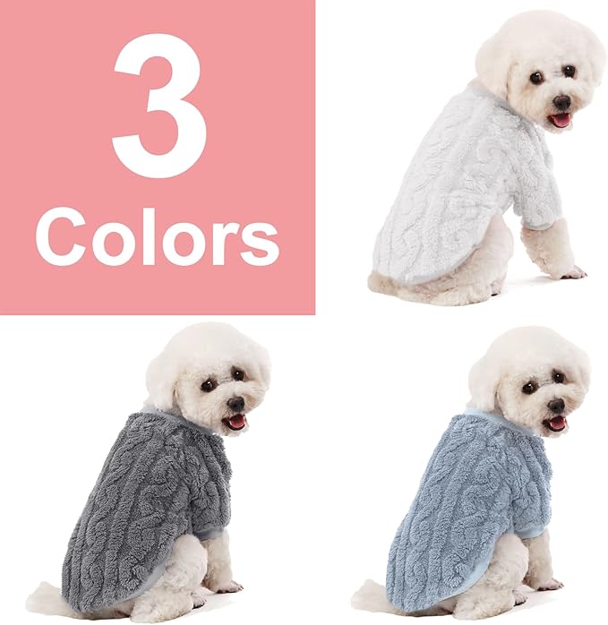Dog Sweater, 3 Pack Dog Sweaters for Small Dogs or Cats, Girl or Boy, Warm Dog Clothes Shirt Coat for Winter Christmas (Light Grey, Light Blue, White, Large)