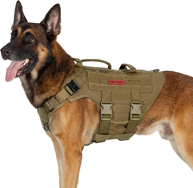 OneTigris Large Tactical Dog Harness, No Pulling Adjustable Dog Vest Harness, Heavy Duty Dog Harness with Handle, Large Hook and Loop Panels for Patch Brown
