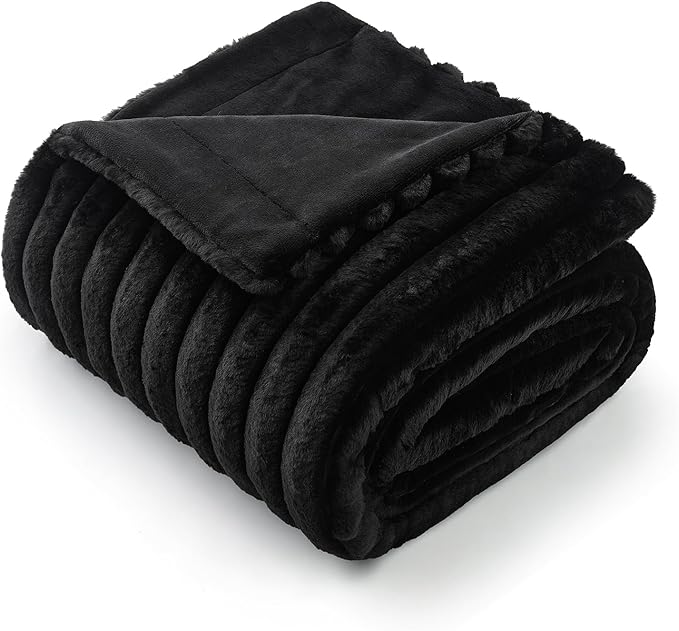 Amélie Home Faux Fur Throw Blanket for Couch, Cozy Fuzzy Fluffy Fur Luxurious Soft Striped Plush Gift Blankets for Family Sofa Chair Bedroom, 55"x70", Black