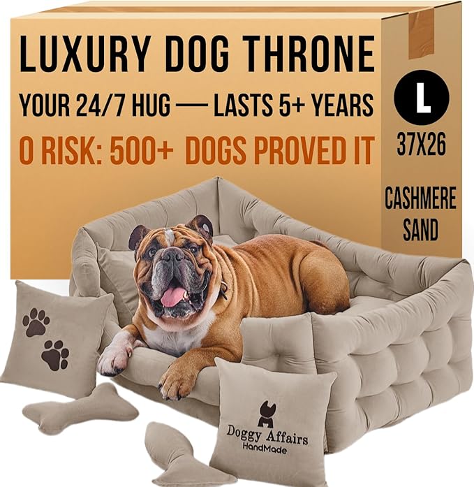 Luxury Dog Bed Chesterfield – Handcrafted Velvet Throne for Dogs | Joint Support, Calming & Temp-Regulating Comfort | Durable 5+ Years, Anti-Claw, Washable 100+ Times – L, Ivory