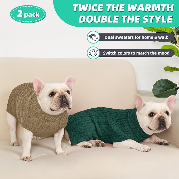 2 Pack Dog Sweaters for Medium Dogs Turtleneck Pullover Cable Knit Stretch Clothes French Bulldog Dachshund Boston Terrier Corgi Beagle Pug Boy Girl Pets Winter Clothes (L, Green & Brown)