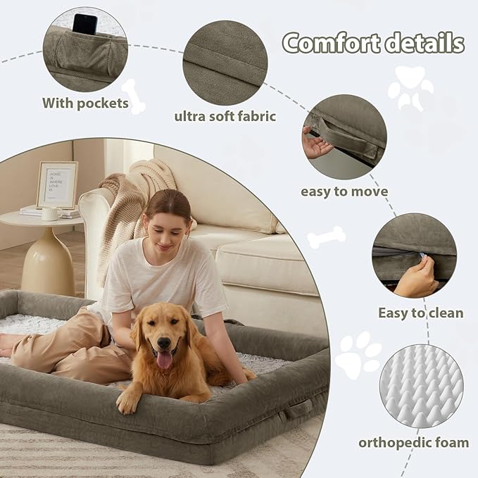 WNPETHOME Human Dog Bed for Adult, Washable Dog Couch with Removable Waterproof Cover, Orthopedic Large Pet Sofa Bed with Bolster Sides for Sleeping
