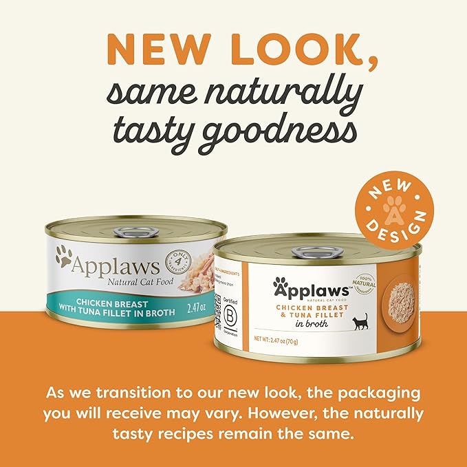Applaws Natural Wet Canned Cat Food, Limited and Natural Ingredients, High Protein with No Artificial Additives, Chicken Breast & Tuna Fillet in Broth (24 x 2.47oz Cans)