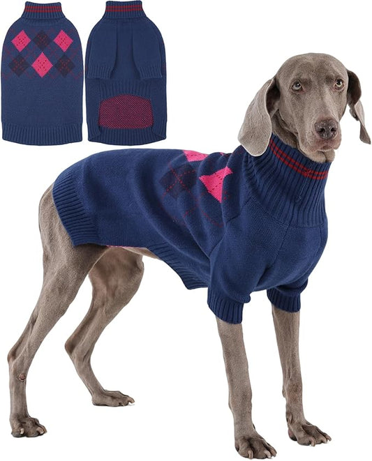 XXL Boy Dog Sweater, Dog Sweaters for Large Dogs Boy, Winter Warm Pullover, Turtleneck Knit Dog Christmas Sweater with Sleeves, Soft Stretchy Knitwear for Cold Weather, Holidays - Blue XXL