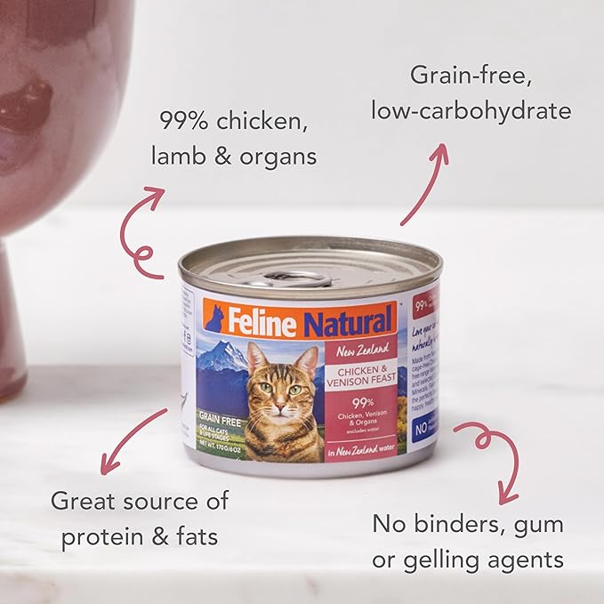 Feline Natural New Zealand Canned Catfood Wet Food, High-Meat, Low-Carb, & Grain Free Cat Food Wet, Chicken & Venison Feast, 6 oz, Pack of 12