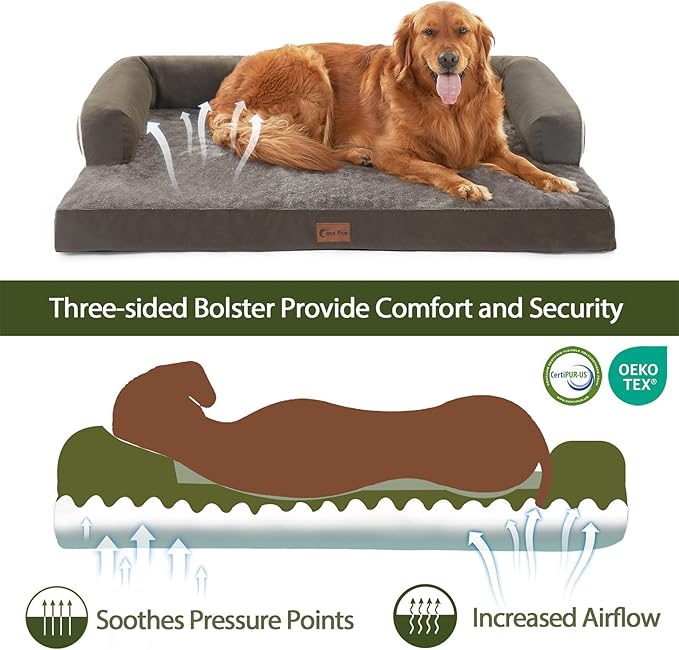 Waterproof Orthopedic Dog Beds Large, Egg-Crate Foam Dog Couch, Comfy Bolster Pet Bed with Removable Washable Cover, Nonskid Bottom (Large, Dark Green)