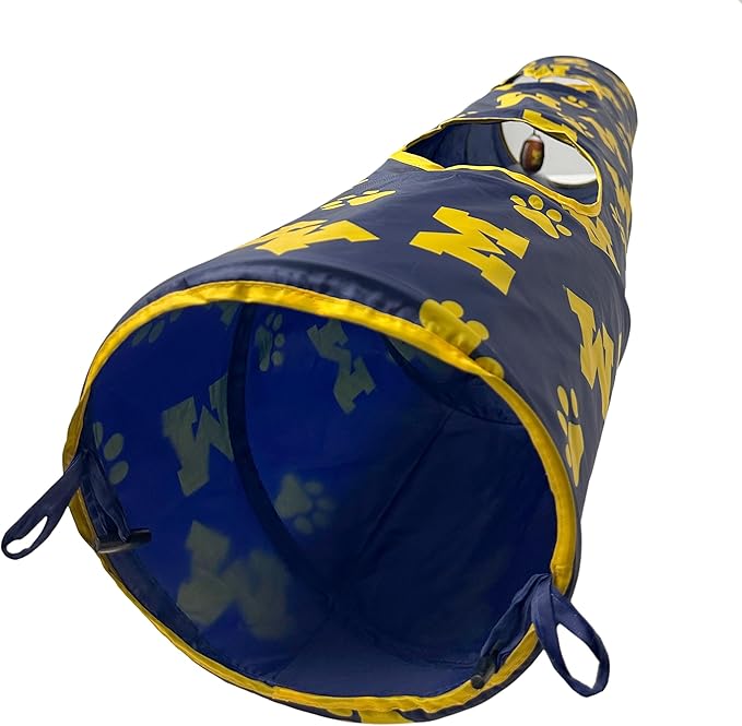 NCAA Michigan Wolverines Cat Tunnel Tube Toy with Plush Football Catnip and Feathers