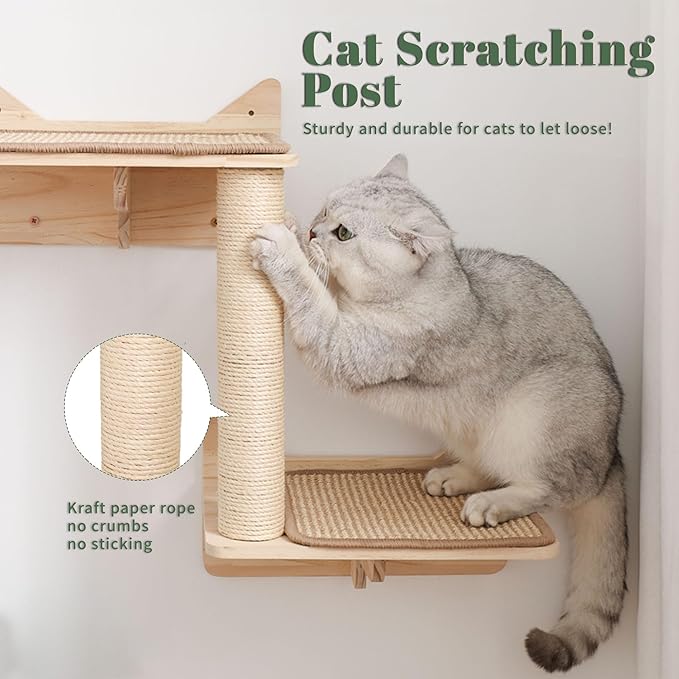 A Cat Wall Shelves Set – 5PCS Extra-Large Mounted Cat Furniture with 2 Wide Platforms, Sisal Scratch Post, Solid Wood Climbing System for Large Indoor Cats
