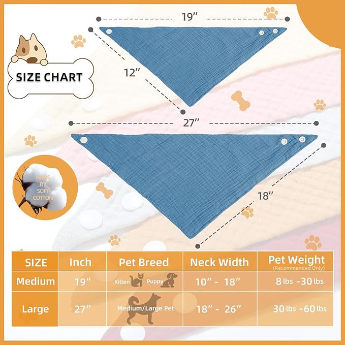 Adjustable Cotton Bandana - Solid Color Scarf for Large Dogs with Button Fastening,Blue,Large