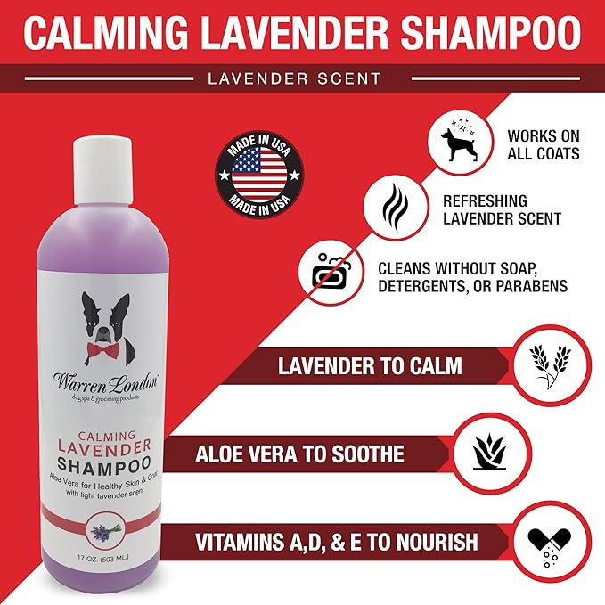 Warren London Calming Lavender Dog Shampoo | Softening Aloe Vera & Essential Oils for Dogs | Leaves Coat Silky & Smelling Amazing | Gentle & Soap-Free | Made in USA – 17 oz
